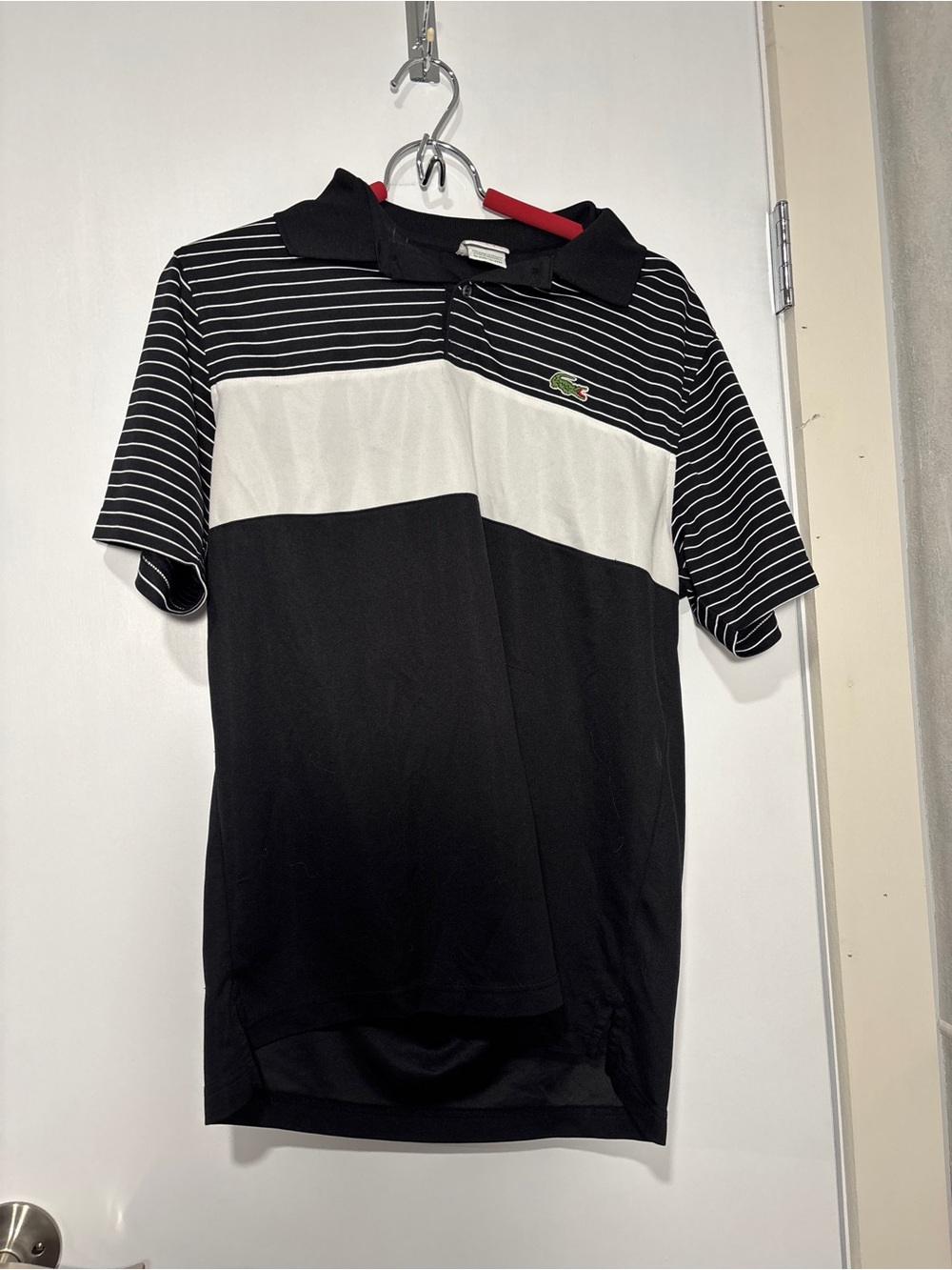 Lacoste Black and White Striped Block Polo